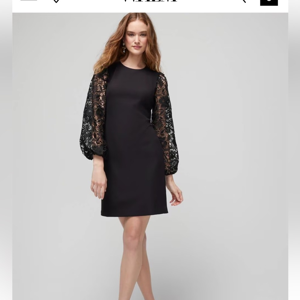 White House Black Market shift dress with lace sleeves.